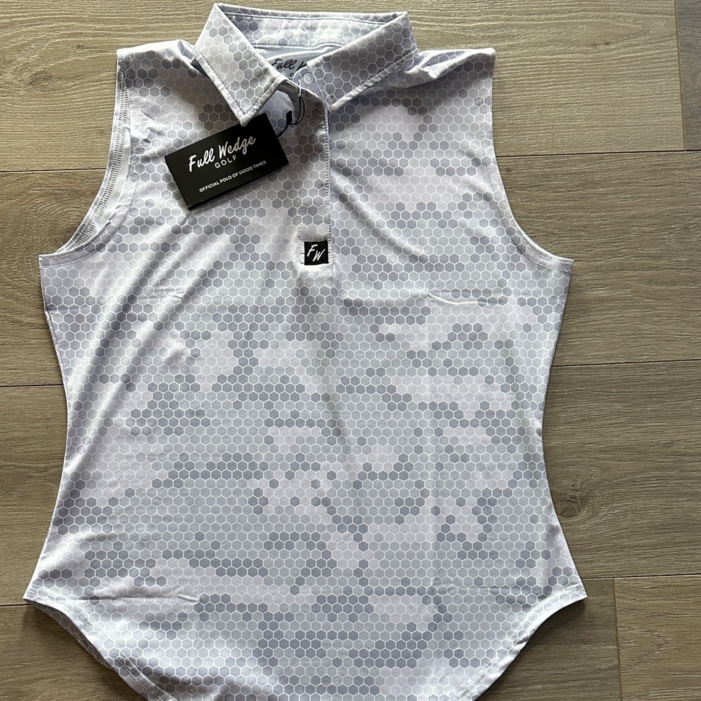 Full Wedge Sleeveless Golf Polo - White Gray Hex Print